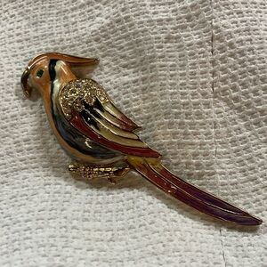Vintage Gold Tone Clay And Rhinestone Parrot Brooch